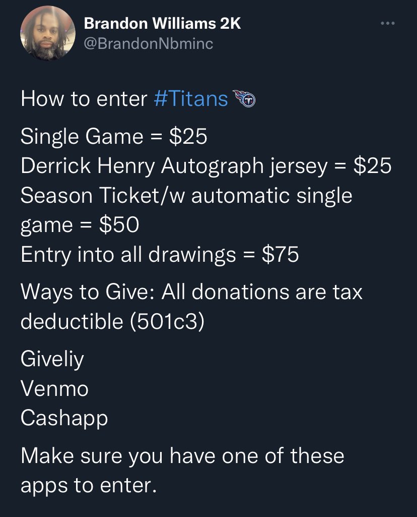 #Titans  Retweet, like, and follow to win <a href="/Titans/">Tennessee Titans</a> Home Opener, from my own season tickets 🎫. Winner will be announced at the end of the telethon.