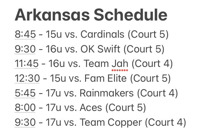 MissouriSixers's tweet photo. We’re in Arkansas this weekend. Here’s our pool play schedule for Saturday. https://t.co/Z9xuJ864eL