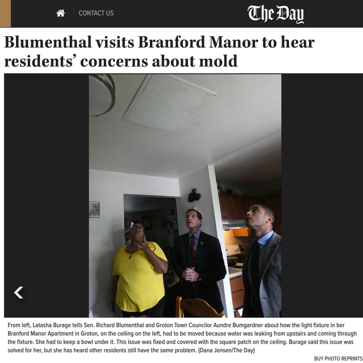 via <a href="/thedayct/">The Day</a>: Town Councilor Aundré Bumgardner, who reached out to <a href="/SenBlumenthal/">Richard Blumenthal</a> about the residents' concerns, and went with Burage to the mgmt office, said that for her to be served a notice to quit nearly a week after a public meeting "can only be described as retaliation."