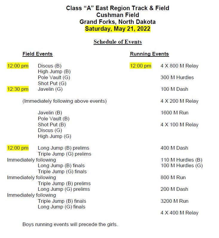Schedule of events for today