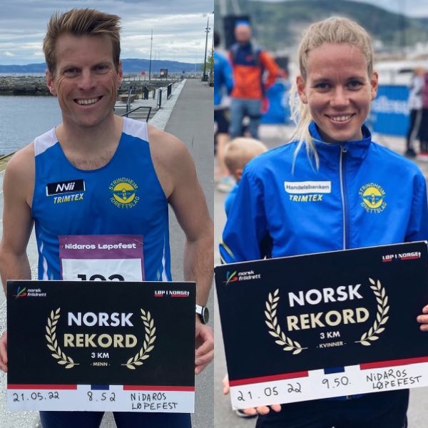 🇳🇴🇳🇴 Det ble satt norsk rekord for begge kjønn på årets nye rekordøvelse 3km gateløp under dagens Nidaros Løpefest. Øystein Kvaal Østerbø fra Strindheim løp på 8:52, mens klubbvenninnen Hanne Mjøen Maridal løp på 9:50. Foto: Liv Nordengen