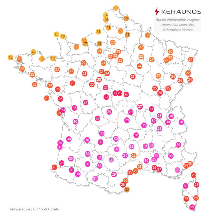 Déjà plusieurs records mensuels à 15h à Millau (30.9°C), Rodez (31.9°C), le Puy (30.3°C) ou Luchon 33.8°C).
A noter plus de 22°C d'écart entre le Cap Gris Nez où il fait 14°C et le sud des Pyrénées Atlantiques où il fait 36°C (à Mendive). #chaleur 