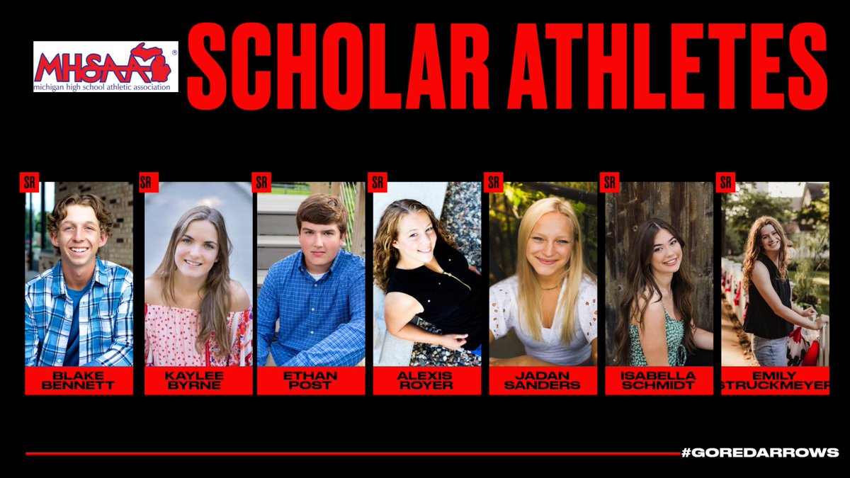 Congratulations to our <a href="/MHSAA/">MHSAA</a> Farm Bureau 2022 Scholar Athletes! Blake Bennett, Kaylee Byrne, Ethan Post, Alexis Royer, Jadan Sanders, Isabella Schmidt, and Emily Struckmeyer.  #academics #athletics #GoRedArrows
