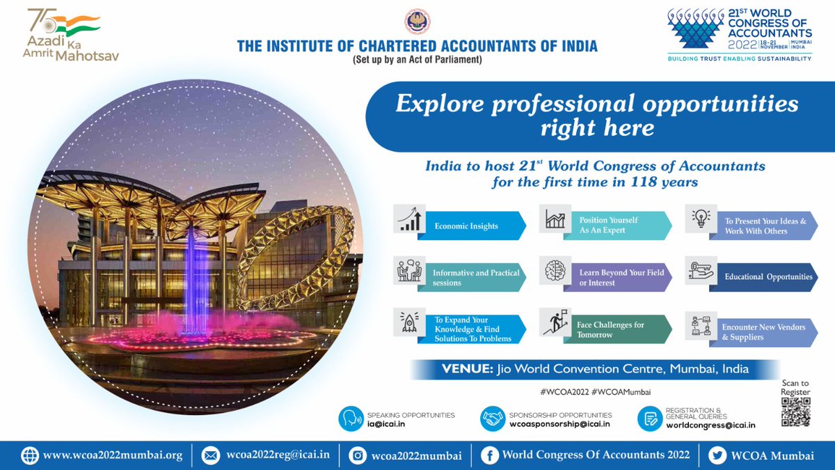 Do you want to explore Professional &amp; Educational Opportunities &amp; Position yourself as an expert in your domain. Participate in the 21st World Congress of Accountants to be held from 18th to 21st November 2022 in Mumbai. 
Register
wcoa2022mumbai.org/register
#AmritMahotsav #WCOA2022