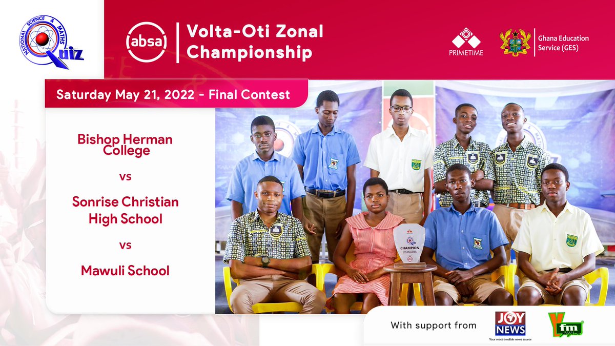 NSMQGhana's tweet photo. Volta-Oti Zonal Championship - Finale

Who wins the second edition of the @AbsaGhana Volta-Oti Zonal Championship?

Bishop Herman College vs Sonrise Christian High School vs Mawuli School

#AbsaZonalChamps #NSMQ2022 #Primetime https://t.co/EIOnOlIX4q