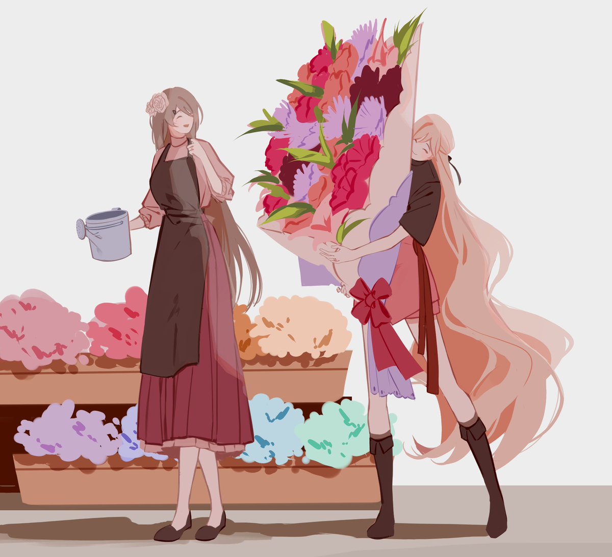multiple girls long hair 2girls bouquet flower closed eyes holding bouquet  illustration images
