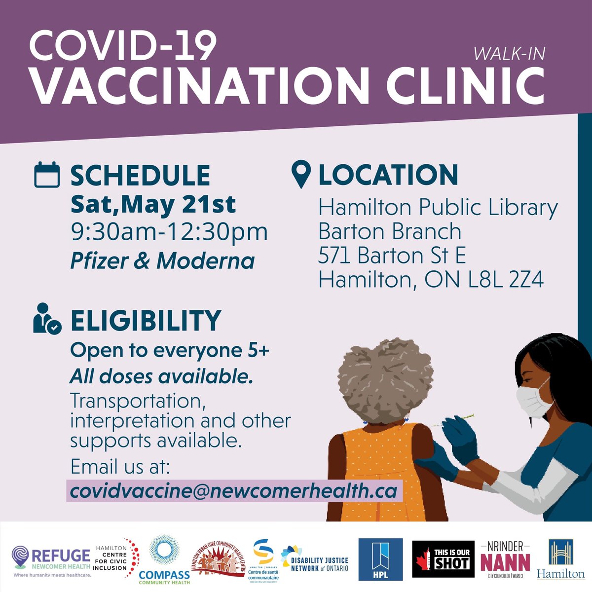 📣 #COVID19 Vaccine Clinic run by @Refuge_HCNH starts at 9:30 am till 12:30 pm. 💉1st/2nd/3rd/4th dose pass by @HamiltonLibrary Barton Branch. Open to everyone 5+ @djnontario @compass_ch @CSCHNiagara @hucchc @thisisourshotca @NrinderWard3 @cityofhamilton #COVIDHamOnt #HamOnt