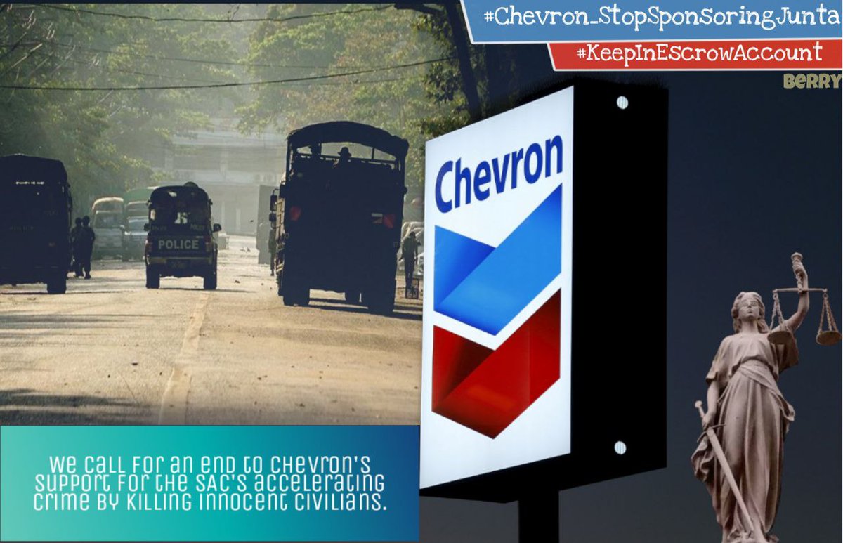 b3rry_y's tweet photo. Since Feb 2021, the military has been implementing every injustice by abducting &amp; killing innocent people with the help of bloody businesses. That includes Chevron, which arms for SAC.We call on community to stop these activities.
#Chevron_StopSponsoringJunta
#KeepInEscrowAccount https://t.co/o4BlUt9Uca