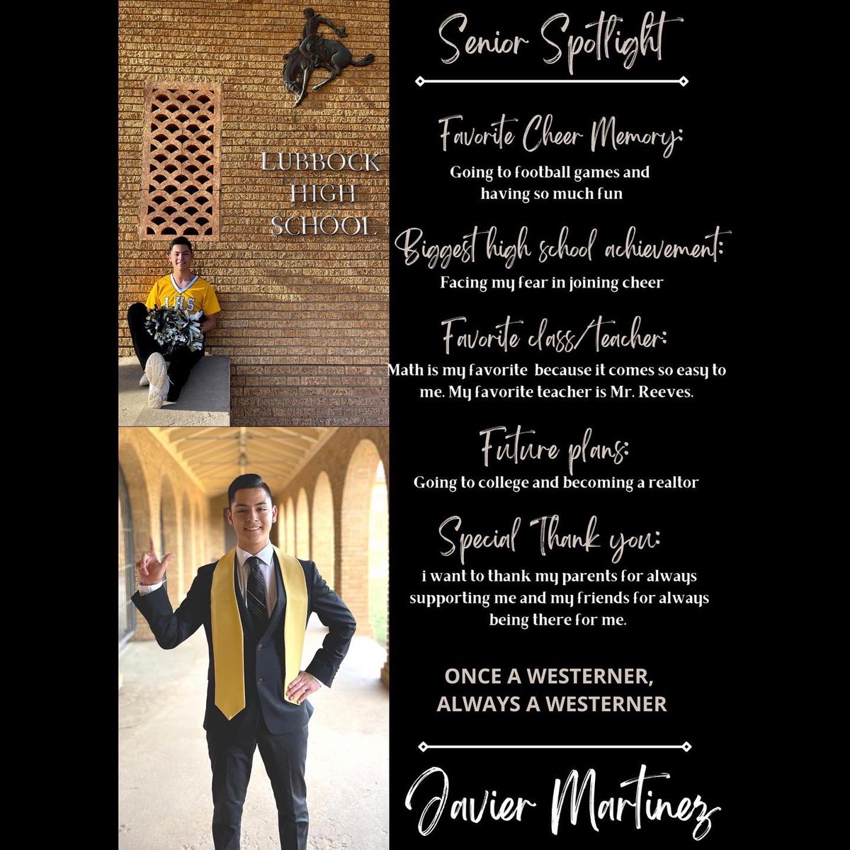 Senior spotlight Class of 2022! Javier Martinez, we will miss you! 🖤💛📣🎓 #Classof2022 #lhscheer #varsity #lhs
