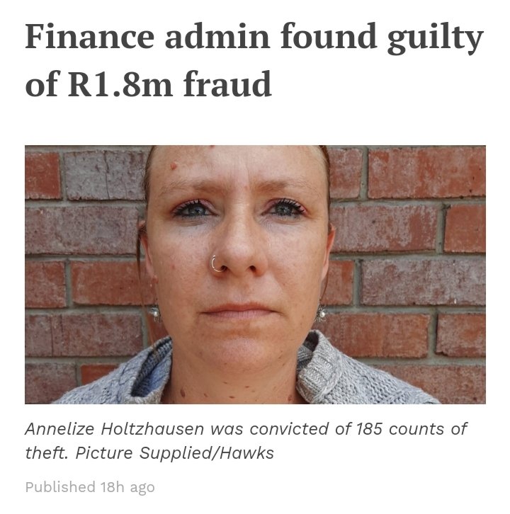 Your_Syndicates's tweet image. Mpumalanga woman has been convicted of fraud by the Specialised Commercial Crimes Court sitting in Polokwane.

Annelize Holtzhausen, a mother of two, was employed as a financial administration manager at Zandspruit Homeowners Association NPC situated in Hoedspruit. #PropertyFraud