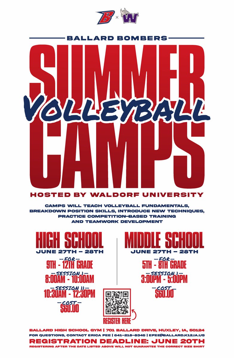 ballardvball's tweet image. Join us for a summer camp hosted by Waldorf University! @WaldorfVB @BHSbombers
