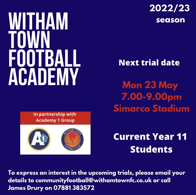 Withamtownfc's tweet photo. We are inviting parents to express an interest in their children (current school year 11) attending the academy from September 2022. 

We are holding our next trial on 23 May (7.00pm-9.00pm) at the Simarco Stadium. https://t.co/lgWVaoQ9rz