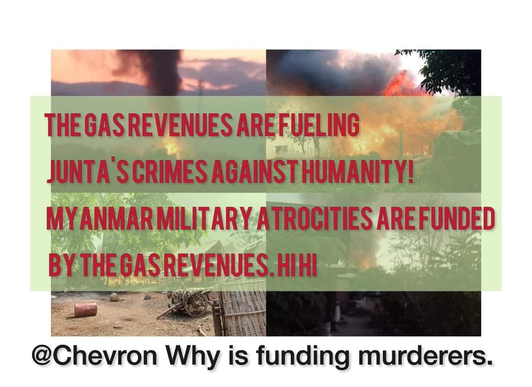 In Myanmar, Chevron is the owner of the Yadana gas field and pipeline, bankrolling the military and its coup. Chevron is funding slaughter in Myanmar and to stop it,<a href="/POTUS/">President Donald J. Trump</a>  must sanction (MOGE) to make such payment illegal.
#Chevron_StopSponsoringJunta
#KeepInEscrowAccount