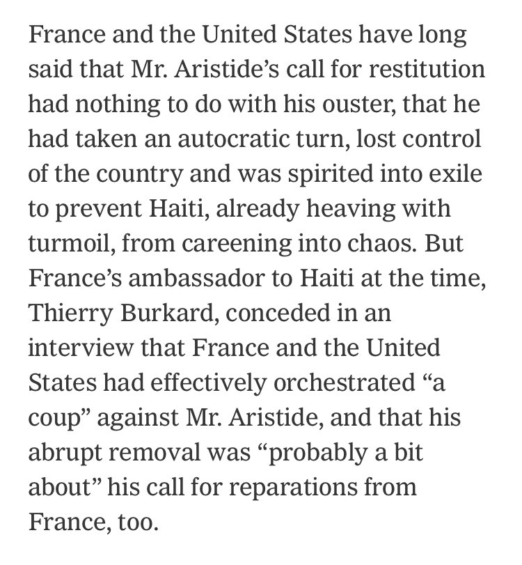 JakobJohnston's tweet photo. It’s worth reading the entire thing. In the final section, we get this, on the 2004 ouster of Aristide, which followed his call for France to pay reparations. https://t.co/9Spmdpg7p6