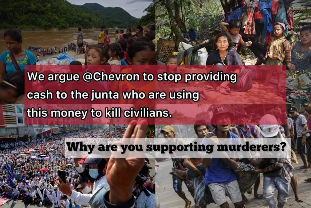 We argue <a href="/Chevron/">Chevron</a> to stop providing cash to the junta who are using this money to kill civilians.Why are you supporting murderers? #Chevron_StopSponsoringJunta
#KeepInEscrowAccount
