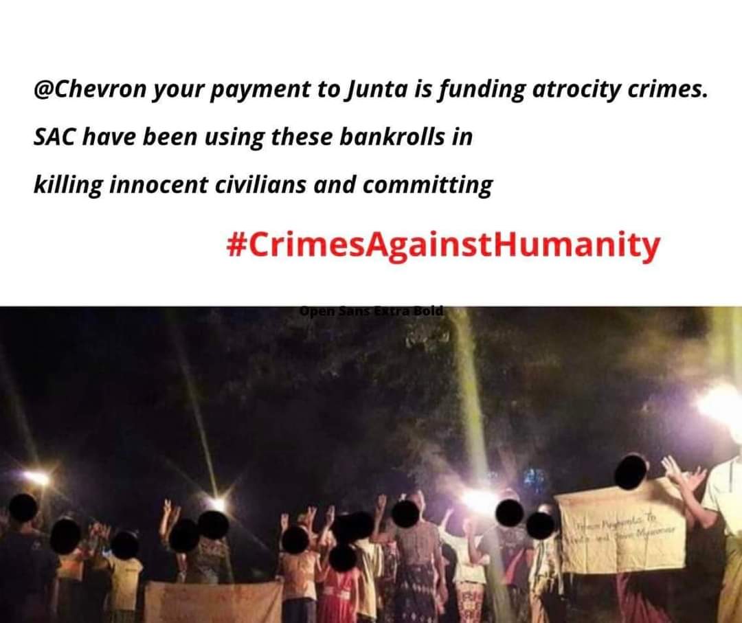 Myanmar oil &amp; gas sector is one of the junta's most important income. Junta uses the revenues to trade, buy weapons, tech &amp; supplies to use in terrorizing &amp; killing people for decades.<a href="/Chevron/">Chevron</a> pls stop engaging with murderers. #Chevron_StopSponsoringJunta
#KeepInEscrowAccount