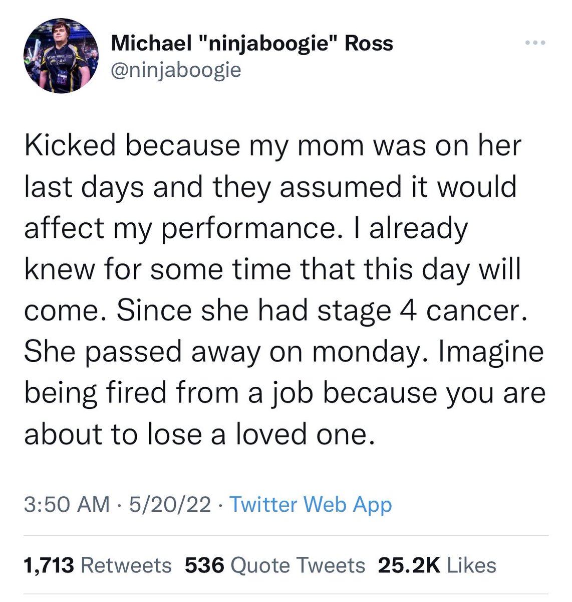 JakeSucky's tweet photo. Dota Pro ninjaboogie was kicked from his team yesterday after deciding to be with his mother as she unfortunately passed away with stage 4 cancer 

An entire community has responded in uproar over the decision https://t.co/TppS2XR0Hv