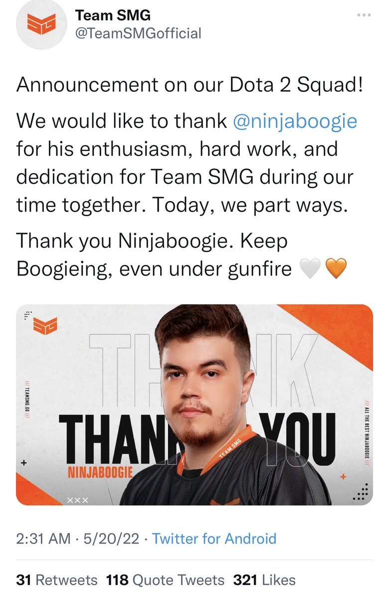 JakeSucky's tweet photo. Dota Pro ninjaboogie was kicked from his team yesterday after deciding to be with his mother as she unfortunately passed away with stage 4 cancer 

An entire community has responded in uproar over the decision https://t.co/TppS2XR0Hv