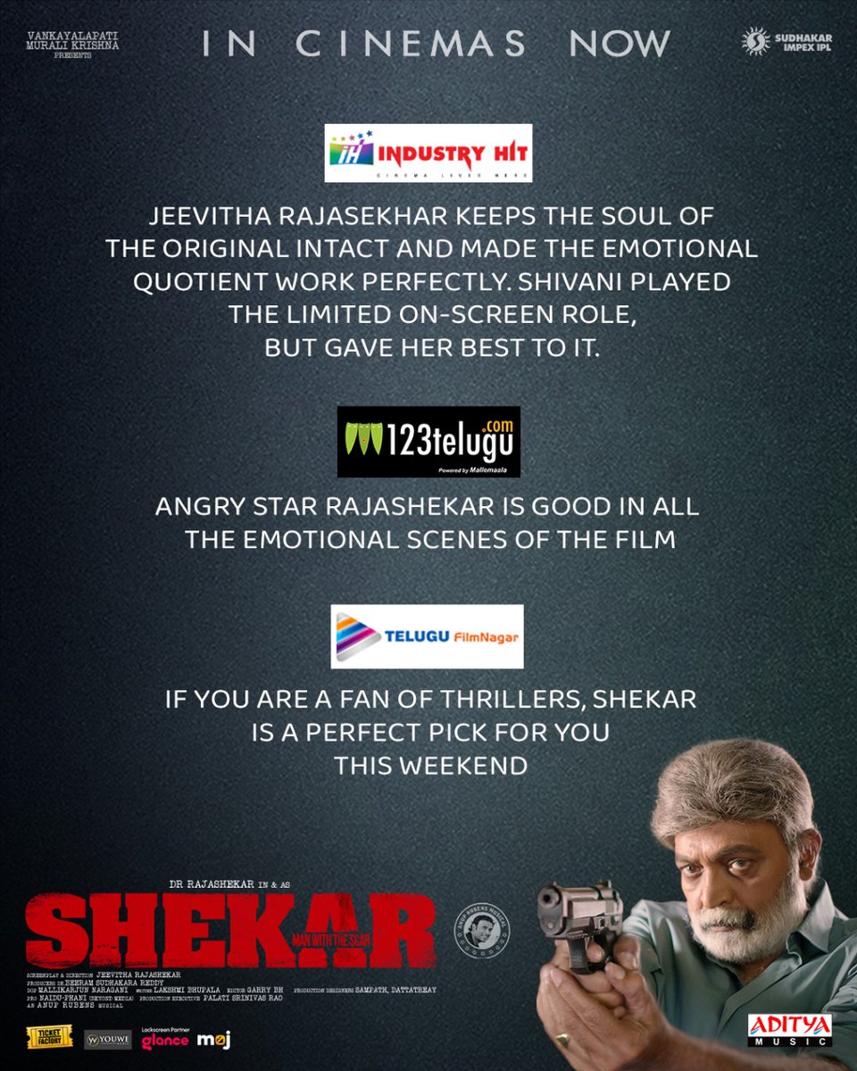 Praised by critics, loved by audience❤️
Book your tickets now for #Shekar this weekend🍿

🎟️ bit.ly/38xhPng

@ActorRajasekhar @iMuskaanK #AthmiyaRajan #Jeevitharajashekar @Rshivani_1 @prakashraaj @LakshmiBhupal @anuprubens @adityamusic