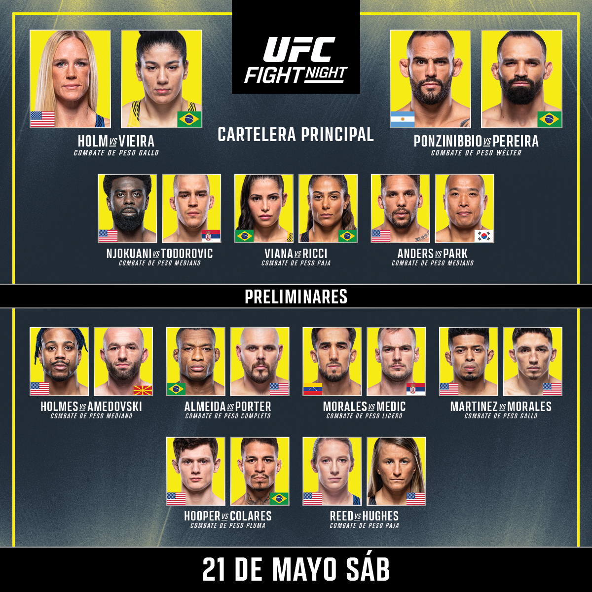 UFCEspanol's tweet photo. Cartelera de hoy! #UFCVegas55 

ESTELARES 7pm ET 🇺🇸 / 6pm 🇲🇽 / 8pm 🇦🇷 / 1am 🇪🇸
PRELIMS 4pm ET 🇺🇸 / 3pm 🇲🇽 / 5pm 🇦🇷 / 10pm 🇪🇸 https://t.co/c9agXp9Cln