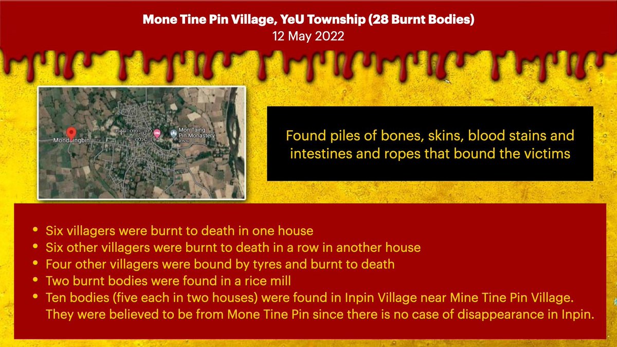 aung_myo_minn's tweet photo. Twenty-eight burnt bodies were found near Mone Tine Pin village, YeU Township. Six villagers were burnt to death in one house, and 4 were bound by tyres and burnt to death. Two burnt bodies were found in a rice mill and ten were found in Inpin village.

#WhatsHappeningInMyanmar https://t.co/Sh7l8opwmB
