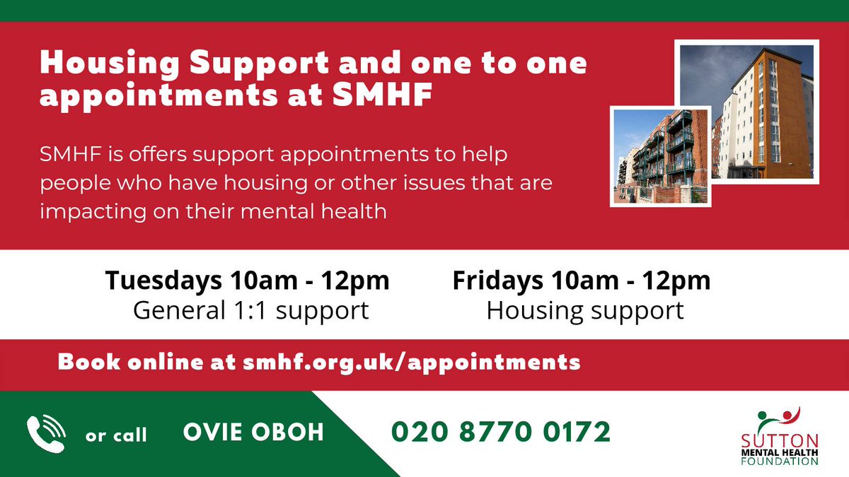 SuttonMHF's tweet photo. #SMHF offer #onetoonesupport & #HousingSupport at #SMHF
๐
Tuesdays 12-2PM (general 1:1 support)
๐
Fridays 12 - 2PM (Housing Support)
**Booking Required** - with Ovie Oboh
๐020 8770 0172
๐ปhttps://t.co/cXBmV5Z1Xz
#Housing #Support #Sutton #smhf https://t.co/lR5YrqhEJ5