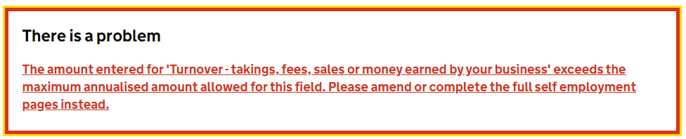 msmithmedia's tweet photo. @HMRCcustomers Hi, completing my self assessment and not sure how to trigger the full self employment pages to appear/get around the attached issue. I have not exceeded or intend/expect to exceed 85k in any 12 month period. Thanks https://t.co/67r6GghiOv