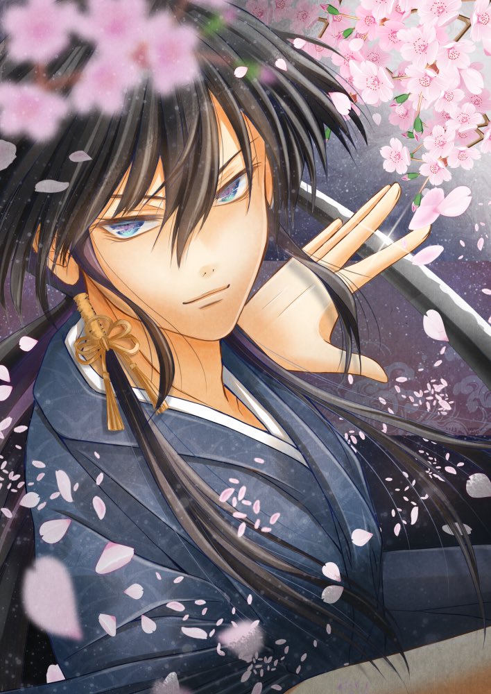 小野塚 Takumi Rt Mitsukiya 168 お友達にイケメンも見たい と言われたので描きました イケメン 流し目頑張りましたよ オリジナルイラスト Illustration 和装男子 着物と刀 桜吹雪 私の絵柄が好みって人にフォローされたい T Co