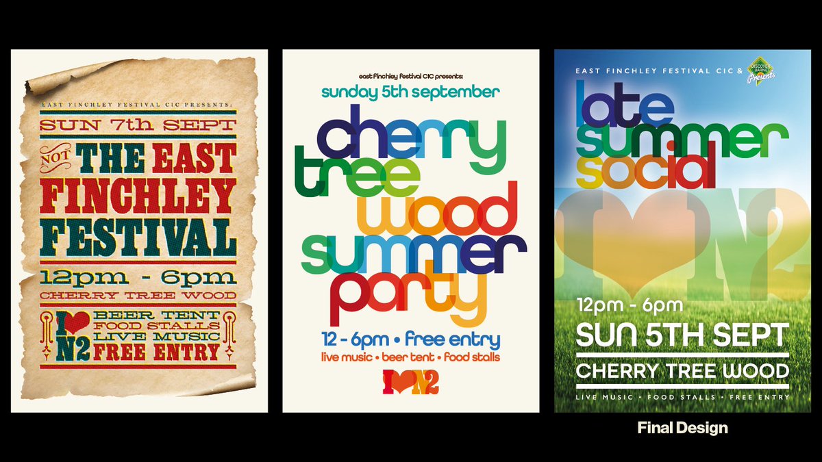 EastFinchFest's tweet photo. We try out quite a few ideas before settling on a final design. Below are some examples from the postponed 2021 summer event, the Late Summer Social from September last year and the new “local letters” concept for 2022 onwards #ILoveN2 https://t.co/bHQc4kUj9Z
