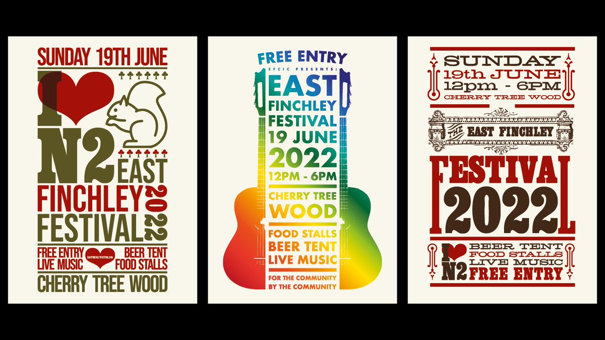 EastFinchFest's tweet photo. We try out quite a few ideas before settling on a final design. Below are some examples from the postponed 2021 summer event, the Late Summer Social from September last year and the new “local letters” concept for 2022 onwards #ILoveN2 https://t.co/bHQc4kUj9Z