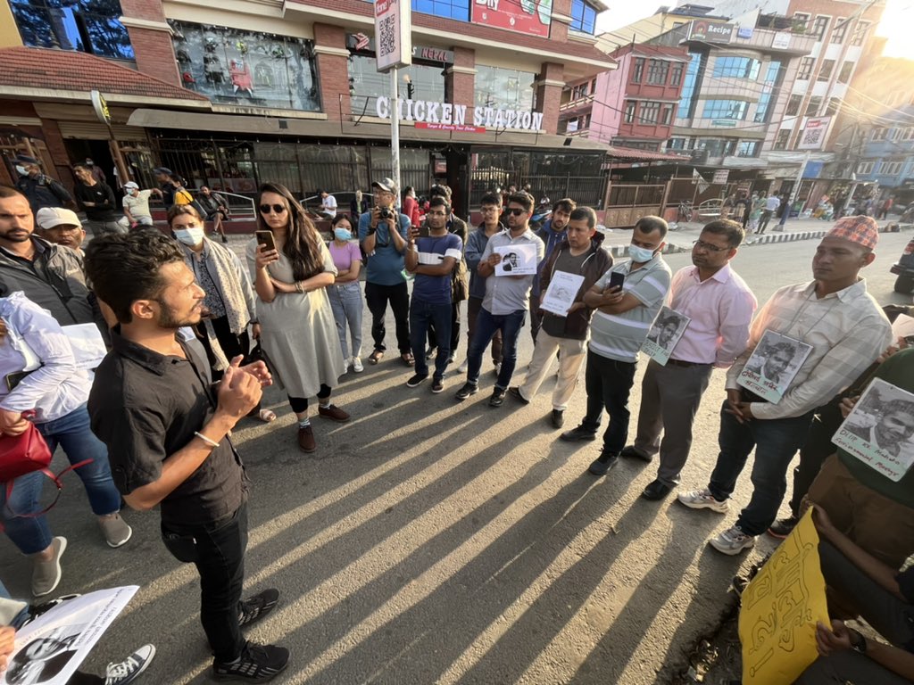 KanakManiDixit's tweet photo. Small but committed gathering at Maitighar Mandal to remind public of the murder of environmental activist Dilip Kumar Mahato, and the court hearing in Janakpur set for Monday. https://t.co/QttPrGRdfJ