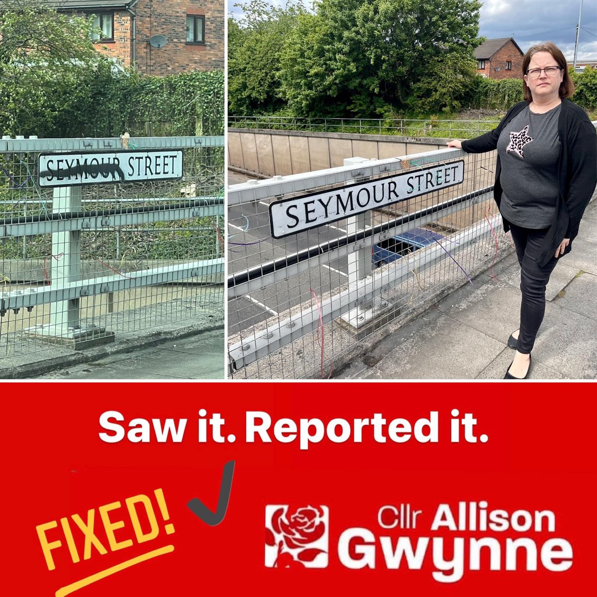 ⚠️ I’ve been reporting vandalised road signs around the Ward. This one on Seymour Street has now been cleaned. There’s a few others still need fixing. Improving the street scene around Denton North East matters.