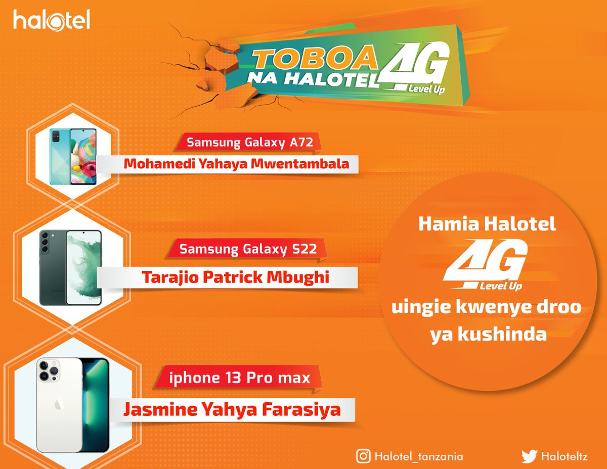 TzHalotel's tweet photo. @Haloteltz  Pongezi kwa washindi wetu wa Toboa Na Halotel 4G.👏👏
Hata wewe unaweza kushinda iPhone 13 pro max, sajili laini ya Halotel 4G au badilisha laini yako ya 3G kwenda 4G na utakua umeingia kwenye droo. #ToboaNaHalotl4G #Halotel https://t.co/4TPfpe3WIZ