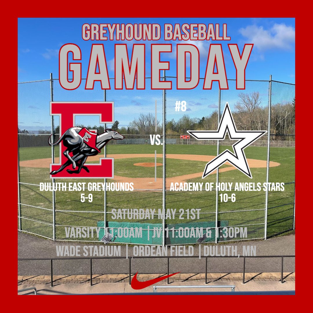 DEHSBaseball's tweet photo. GREYHOUND 🐾 GAMEDAY

SATURDAY MAY 21st

🆚 @AHABASEBALL 
⏰ V-11:00am | JV-11&amp;1:30pm
🏟 Wade Stadium | Ordean Field
📍 Duluth, MN

🆚 @DenfeldHunterbb 
⏰ Varsity 4:00pm
🏟 Wade Stadium
📍 Duluth, MN

Join us for our Senior Night this evening at Wade Stadium. Dress warm! https://t.co/vGxsbVRY4L