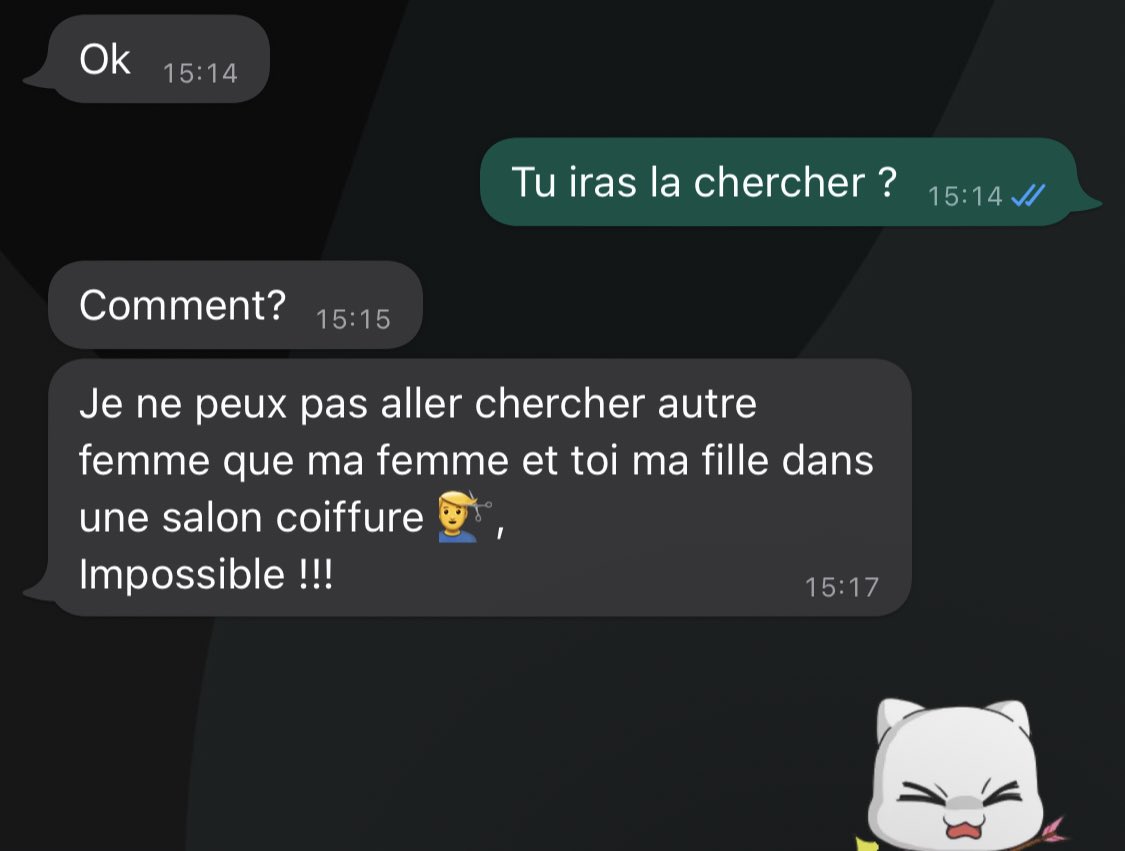 DAppleOfGodsEye's tweet photo. J’ai amené une amie à mon père se tresser. On m’appelle pour me dire qu’elle a fini. Étant occupée, j’écris à mon père pour lui demander s’il ira la chercher. Guettez sa réponse 🥹😂

Il s’améliore beaucoup en français 😍 le nigérian en lui doit crier là. 🤣 https://t.co/G3WAsQXA5E