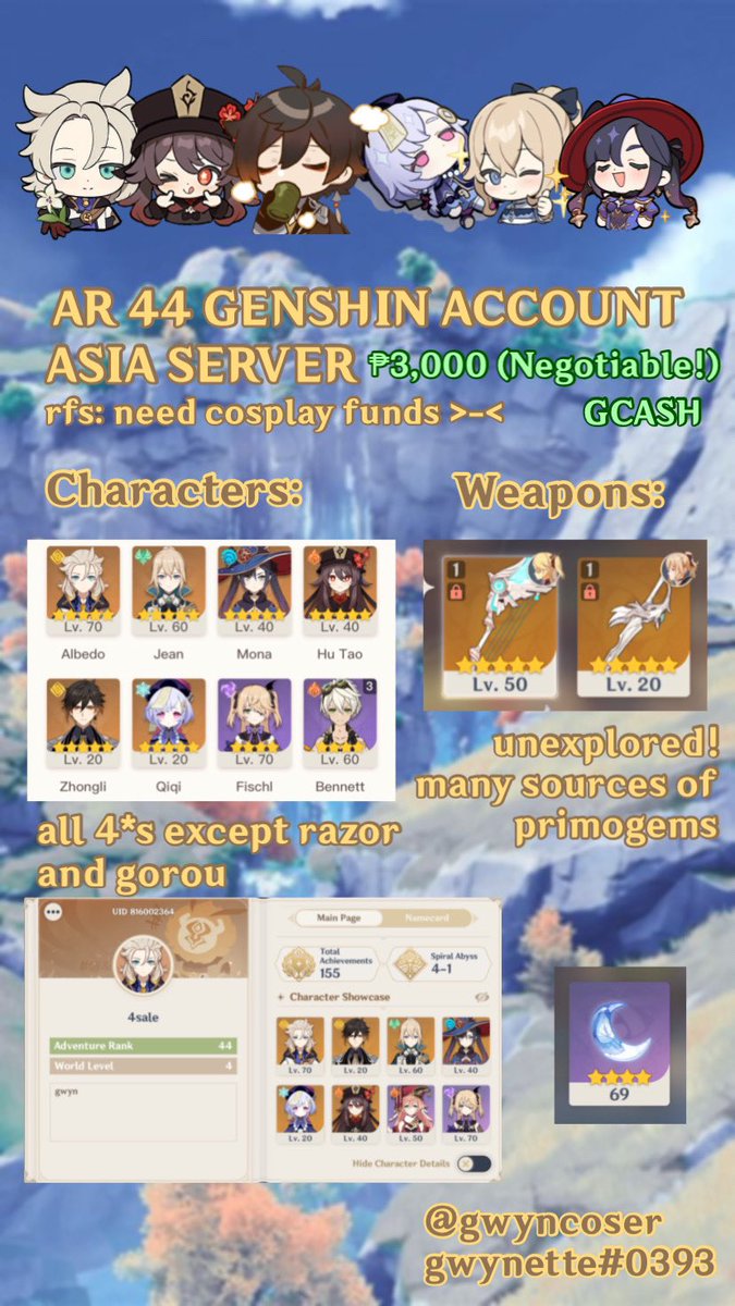 kavehussy's tweet photo. hi moots im selling my abandoned genshin acc pls rt https://t.co/a3jO8MVXkz
