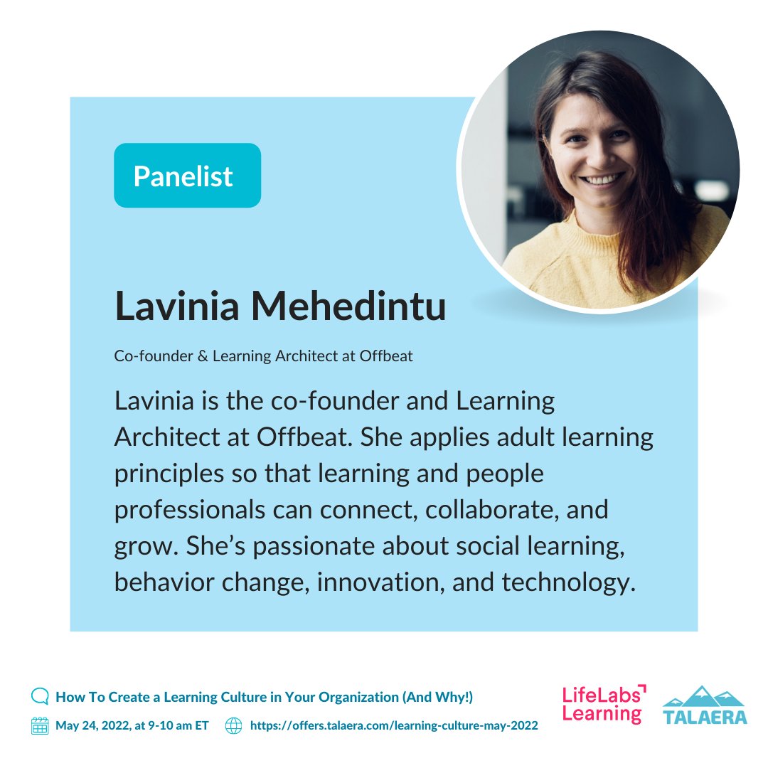 Just 3 days until our event with @Talaera_App, How to Create a Learning Culture in Your Organization (And Why!). Hear more from Lavinia and the rest of our incredible speakers on May 24th at 9 AM ET. Register for free now: offers.talaera.com/learning-cultu…