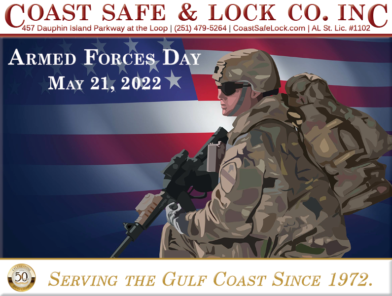 CoastSafeLock's tweet photo. Coast Safe &amp; Lock wishes a Safe &amp; Happy #ArmedForcesDay to our brave men &amp; women in uniform. With so much at stake in today’s world, we are grateful for all you do to protect American freedom &amp; democracy. And we thank your families for supporting your service. #FreedomIsntFree https://t.co/MxnUvMGp6y