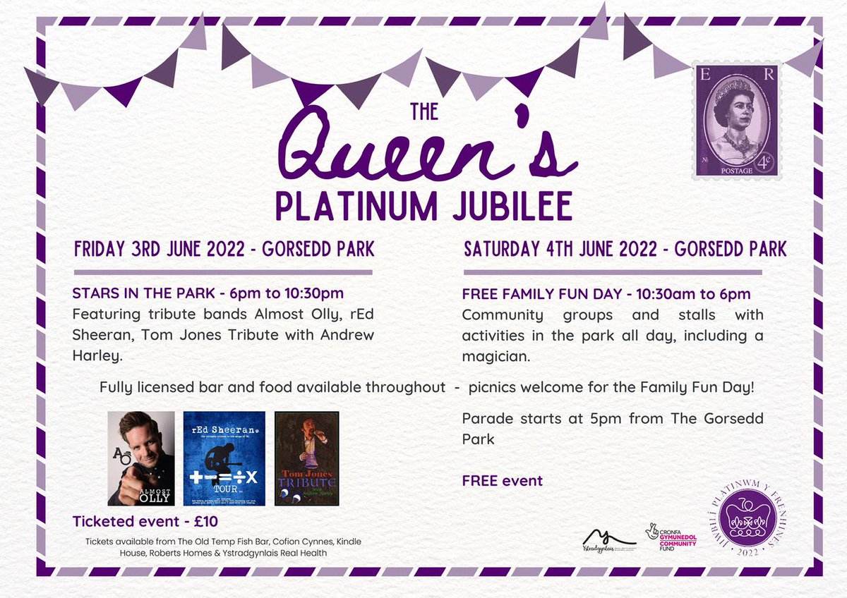 Over the Jubilee celebrations in June, Discover Ystradgynlais are hosting events on the 3rd and 4th June, with live music on the Friday night and a family fun day on the Saturday in our town’s historic Gorsedd Park!