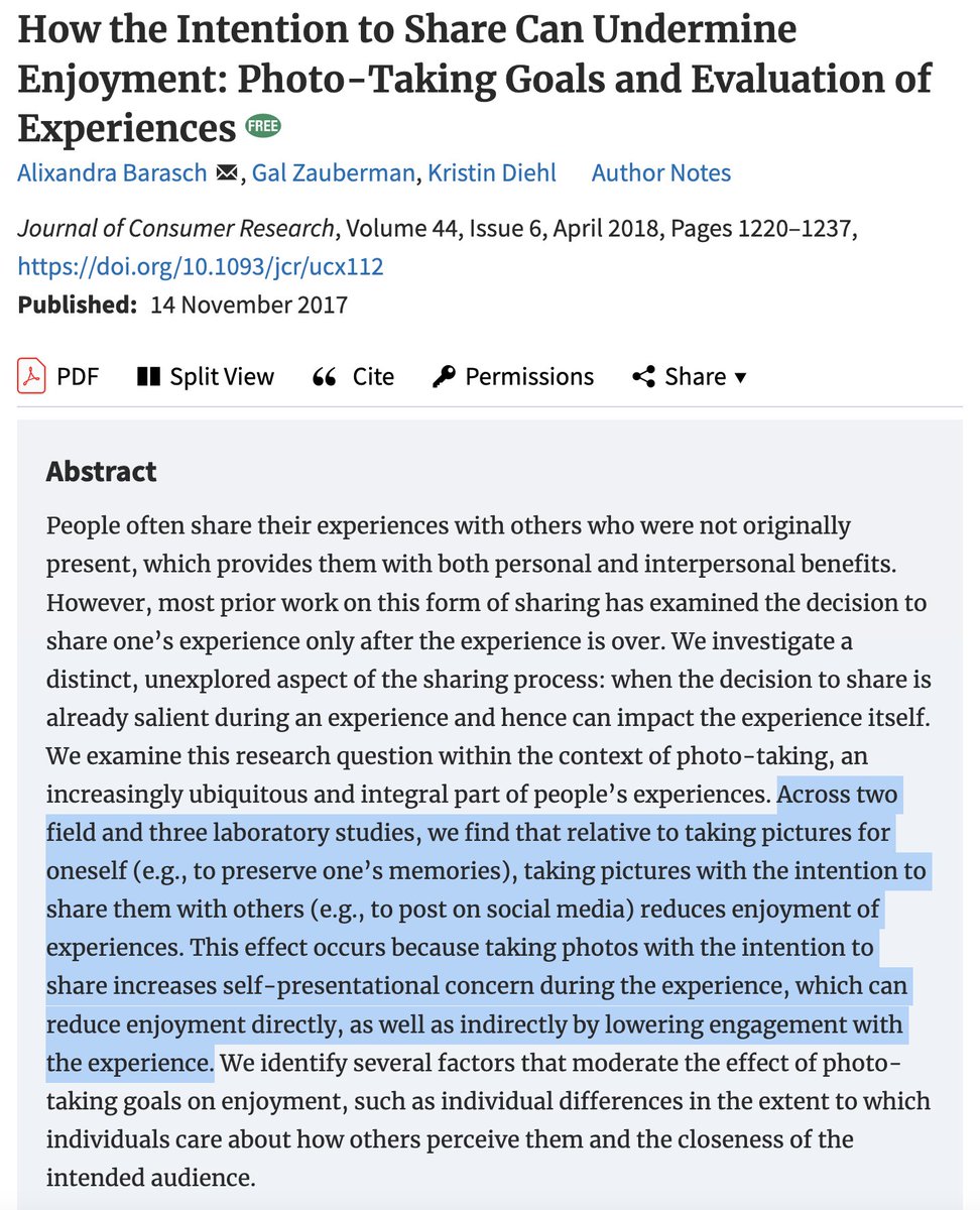robkhenderson's tweet photo. "Across two field and 3 laboratory studies, we find that relative to taking pictures for oneself (e.g., to preserve memories), taking pictures with the intention to share them with others (e.g., to post on social media) reduces enjoyment of experiences" https://t.co/GTIeq5fiYL https://t.co/NQHYALsSrK