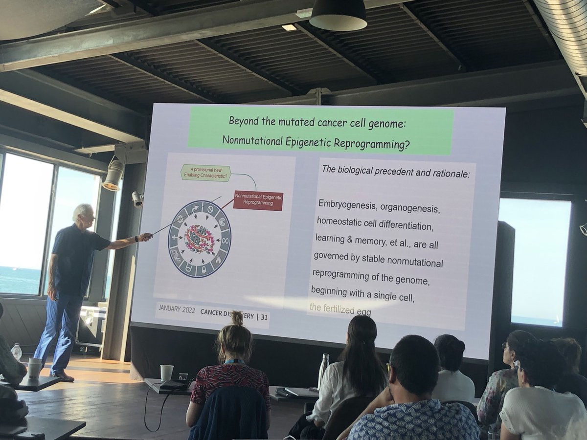 ElizSMcKenna's tweet photo. Doug Hanahan talking about his addition of nonmutational epigenetic reprogramming in this year’s #HallmarksofCancer update in @CD_AACR as an enabling characteristic #EMBOCancerEvolution https://t.co/OZNiwyvxIM https://t.co/Kmo0sIdFnb