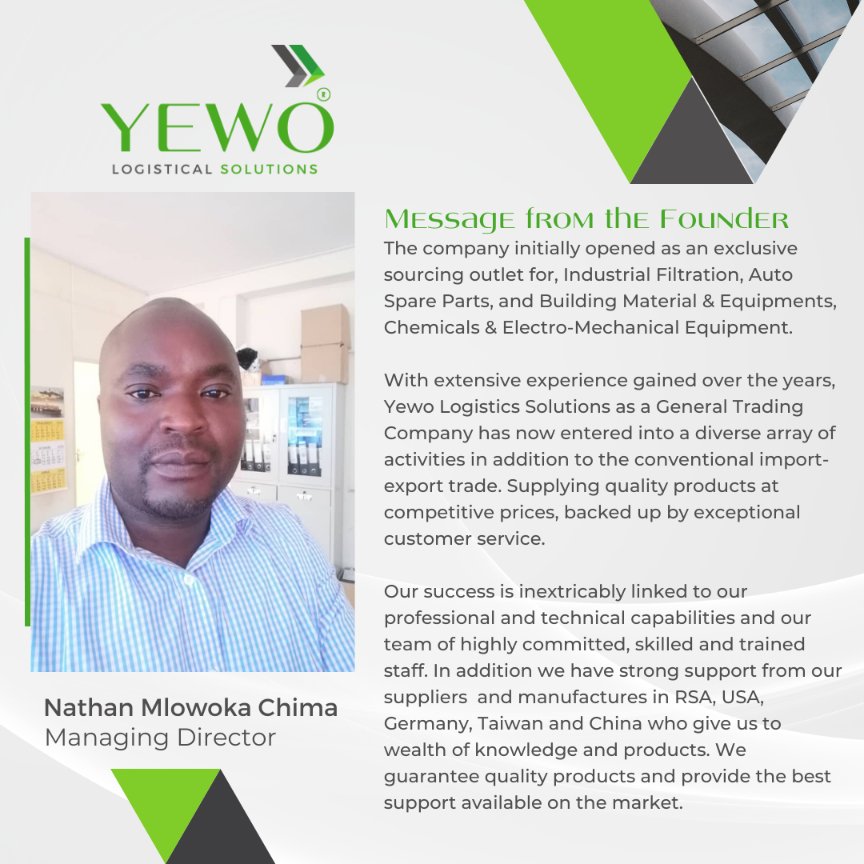 gdcmalawi's tweet photo. Startups, the future of Malawi  📊
Yewo Logistics Solutions  has many years of experience in Transport &amp; Shipping, ICT Supply, Installation and Maintenance, Stationery supply, Mechanical / Electrical products, Industrial Machinery, and Construction.
📊📈🔥
#gdcmalawi #yewo https://t.co/2gBIZUZwnf