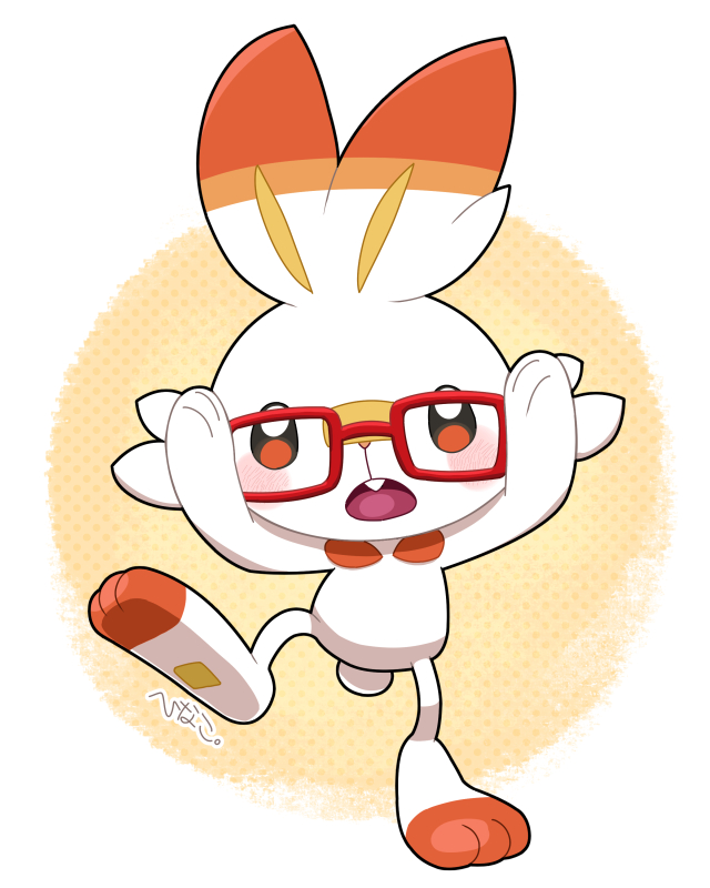 scorbunny no humans glasses red-framed eyewear pokemon (creature) solo open mouth blush  illustration images