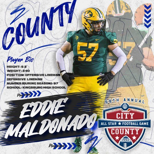 ccallstarfresno's tweet photo. Congratulations @EdMaldonado22 from Kingsburg HS for being selected to the COUNTY team for 68th Annual City / County All-Star game on June 17th, 2022!
@KingsburgF
#citycountyallstars #citycountyallstargame
#citycounty #allstar #football #game #city #county #gocity #gocounty https://t.co/8Pkg67wMio