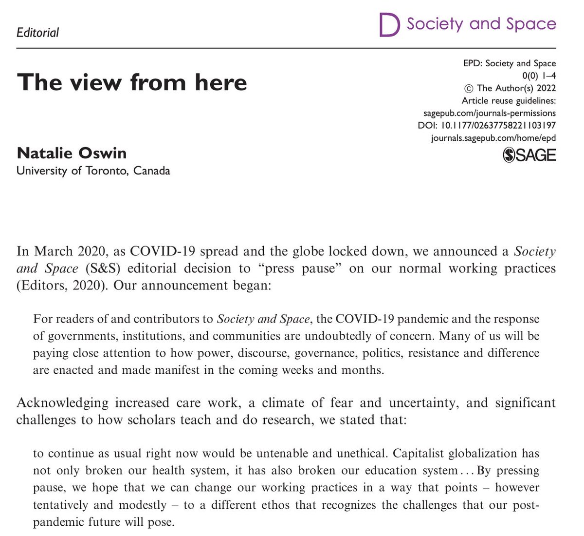 SocietyandSpace's tweet photo. Online 1st: 'The view from here', an editorial by S&amp;S managing editor @OswinNatalie on writing, reviewing, and editing during pandemic times 
https://t.co/j4atzmftjb https://t.co/YOIW6aWmKC