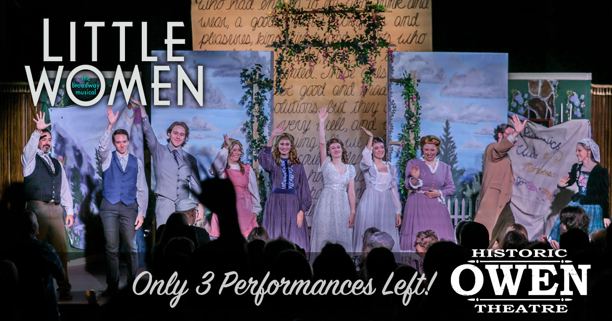 BransonMedia's tweet photo. WOW! Little Women The Musical is an amazing HIT at the Historic Owen Theatre in downtown Branson. THREE performances left this Sunday 2 &amp; 7pm and Monday 7pm. https://t.co/2bNI8BQV1H or call the box office at 417-336-4255. https://t.co/PkNWEJzLMR