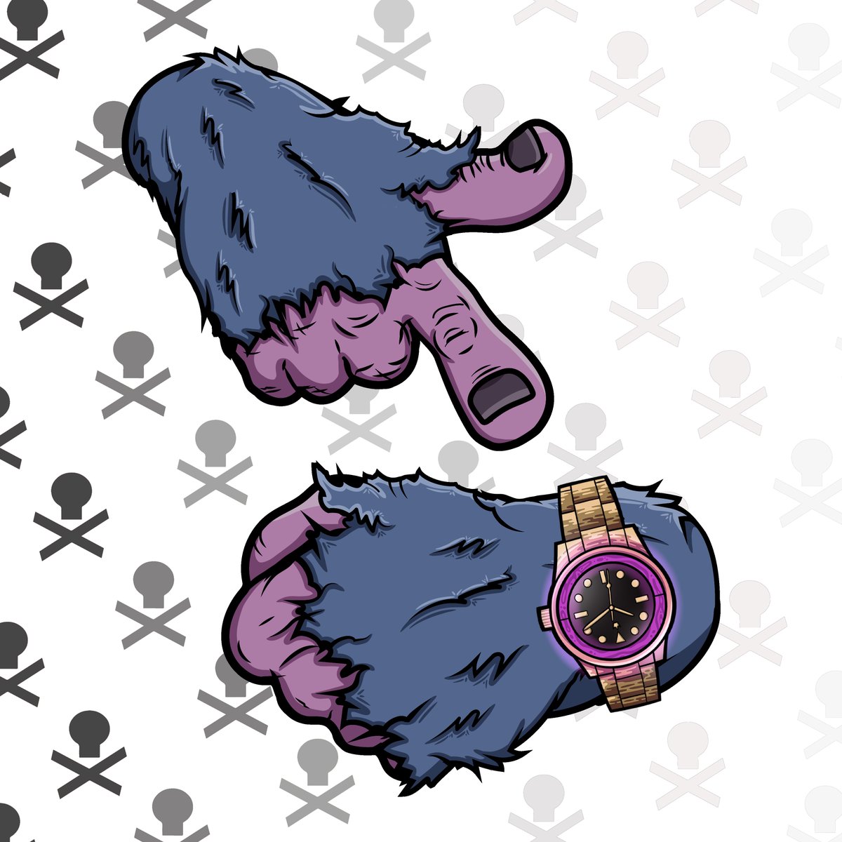TheseHandsNFT's tweet photo. We've been up all night creating combinations. Our #NFT isn't generative. It's all hand drawn, colored and assembled! Check these out with the alien glow gold timepiece! Join our #nftcommunity and grow with us! #NFTs https://t.co/XaNdzgIMFs