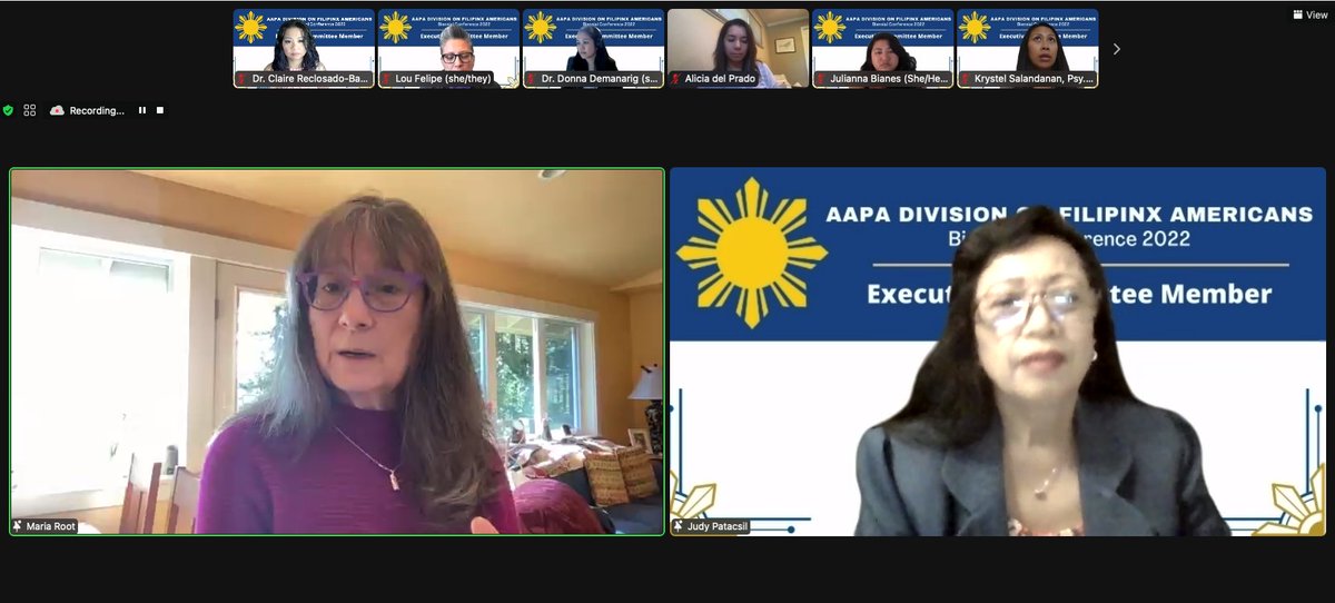 FilAmPsych's tweet image. Happening now -- A conversation with Dr. Maria Root!

#DoFA2022