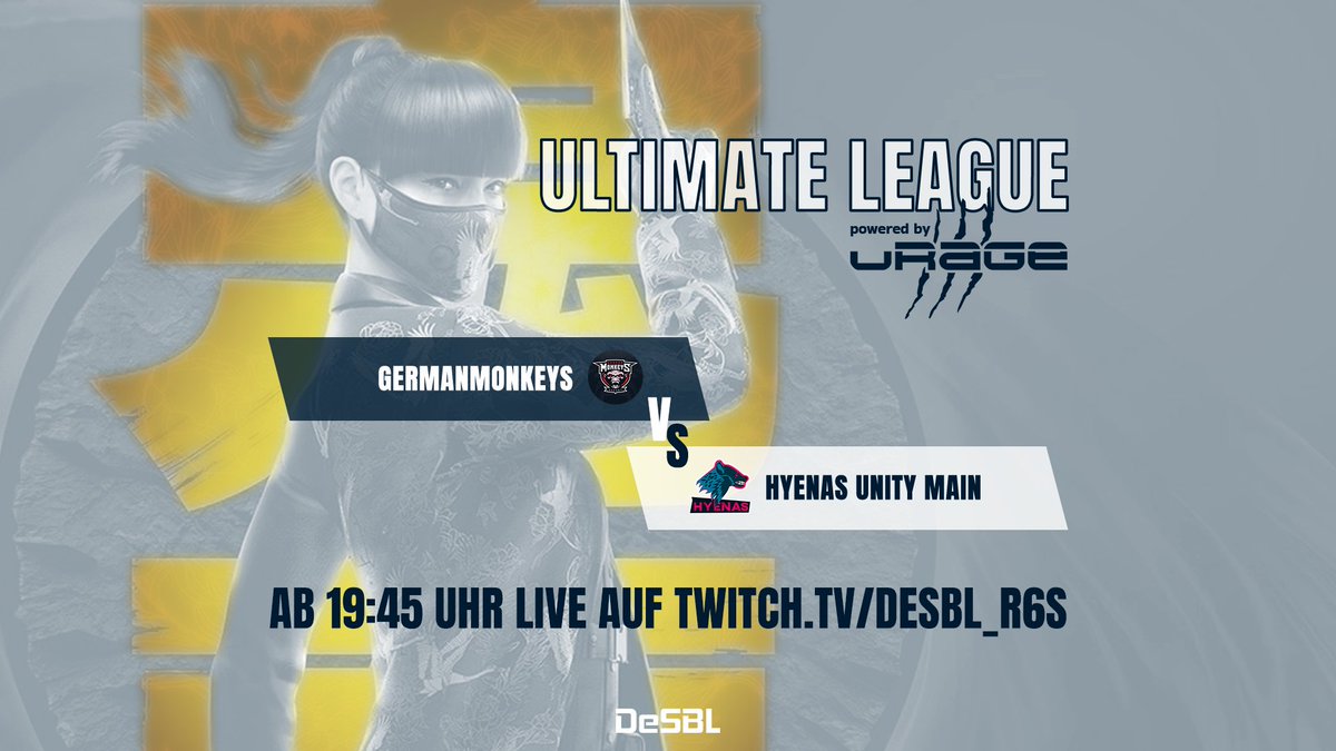 ❗️ Matchday ❗

Spieltag 2 neigt sich dem Ende zu.

🥊 <a href="/ger_monkeys/">GermanMonkeys</a> 🆚 <a href="/HyenasUnity/">Hyenas Unity</a>
🎙️ <a href="/FaunaJonas/">faunaR6S</a> &amp; <a href="/KoroSenseinot/">KoroSensei.NoT</a>
▶️ ab19:45 -> twitch.tv/desbl_r6s
🤝 @urage_gaming

#UltimateLeague #DeSBL #R6S 
#PCGaming #eSport