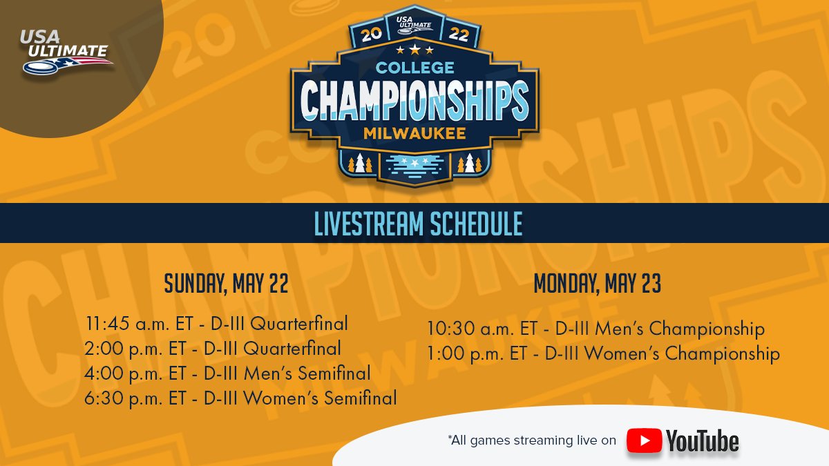 Six games from the #USAUltimate D-III #USAUCollegeChamps will be livestreamed Sunday and Monday. usaultimate.org/watch/broadcas…